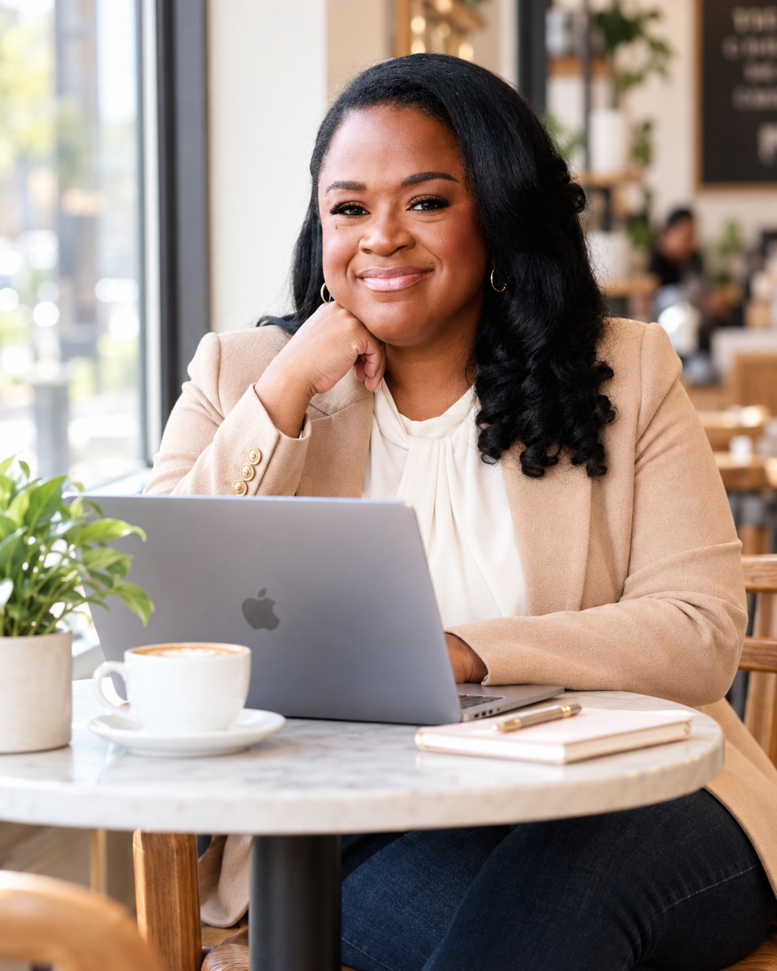 Alicia Perkins seated at a café table with her laptop